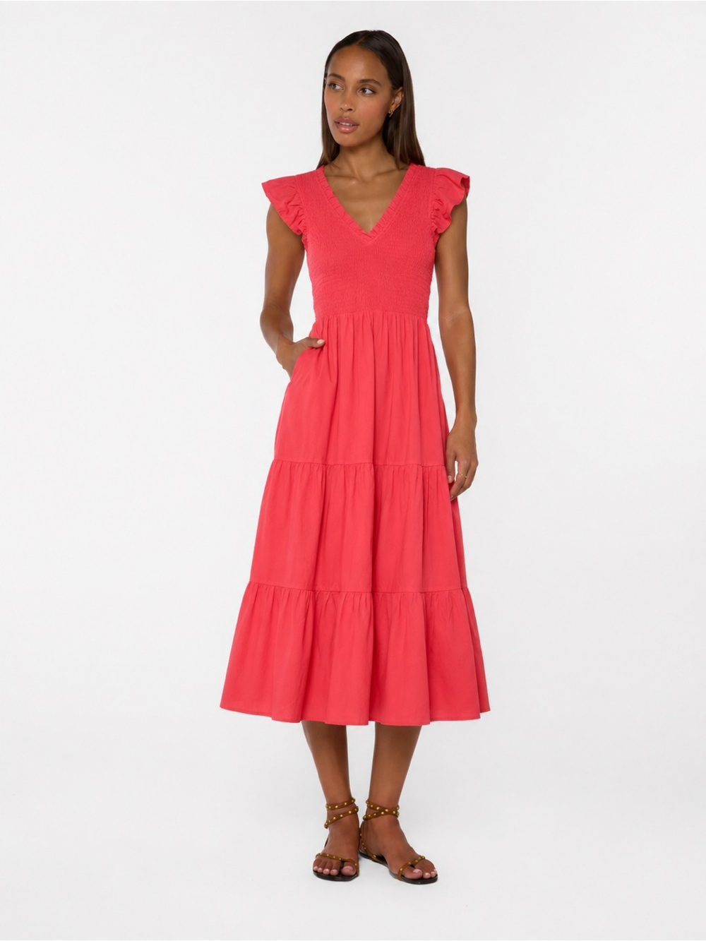 Smocked V-Neck Tiered Midi Dress in Coral